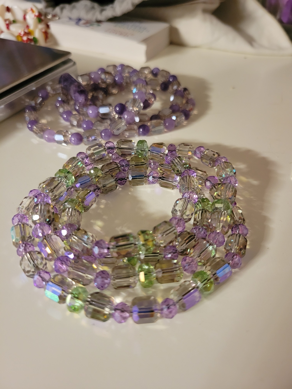 Iridescent Genuine Crystal Beaded Necklace in Purple & Green Artisan Handmade - Picture 8 of 11